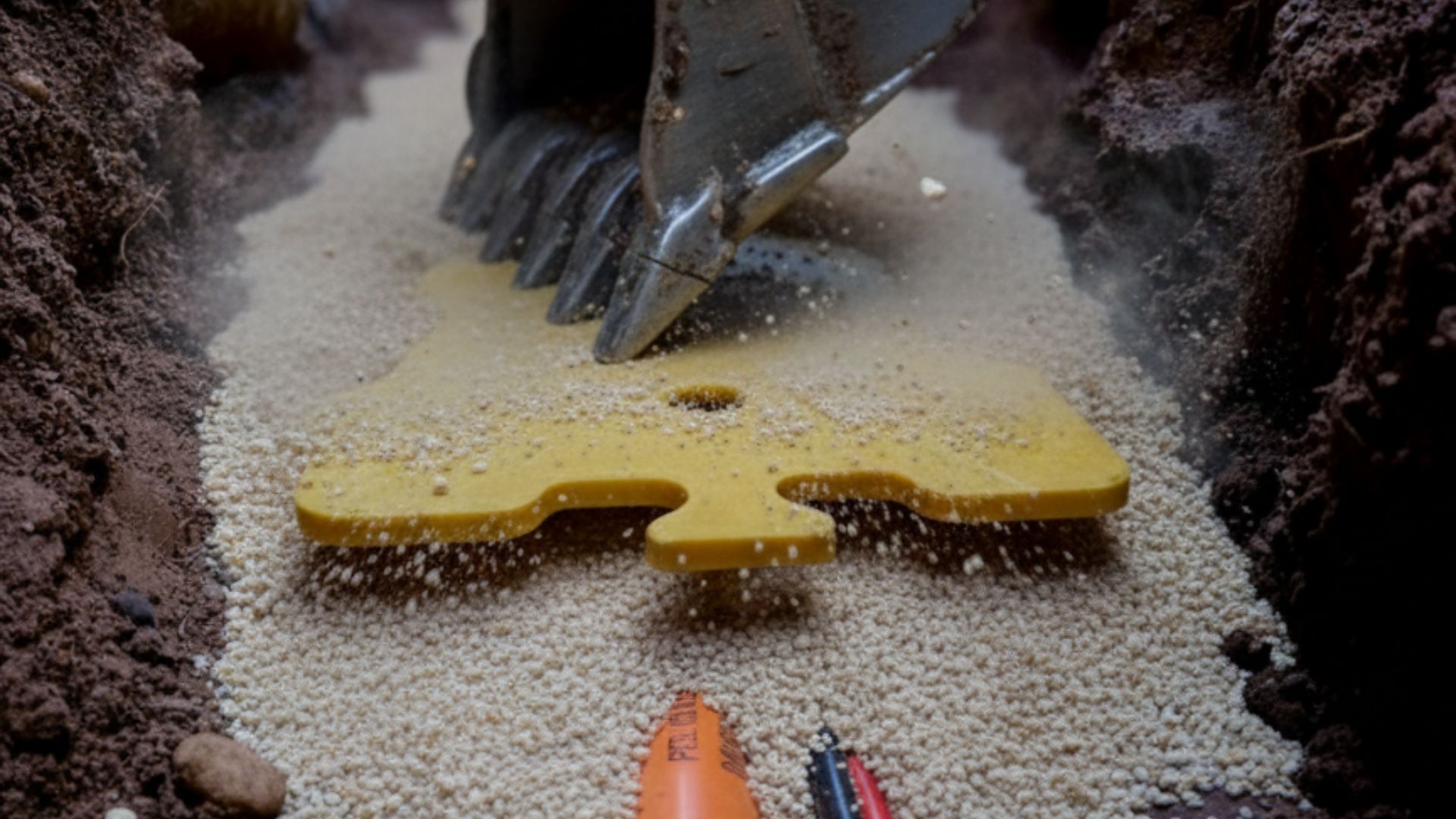 Excavadora operando junto a infraestructura subterránea protegida por PlateGuard